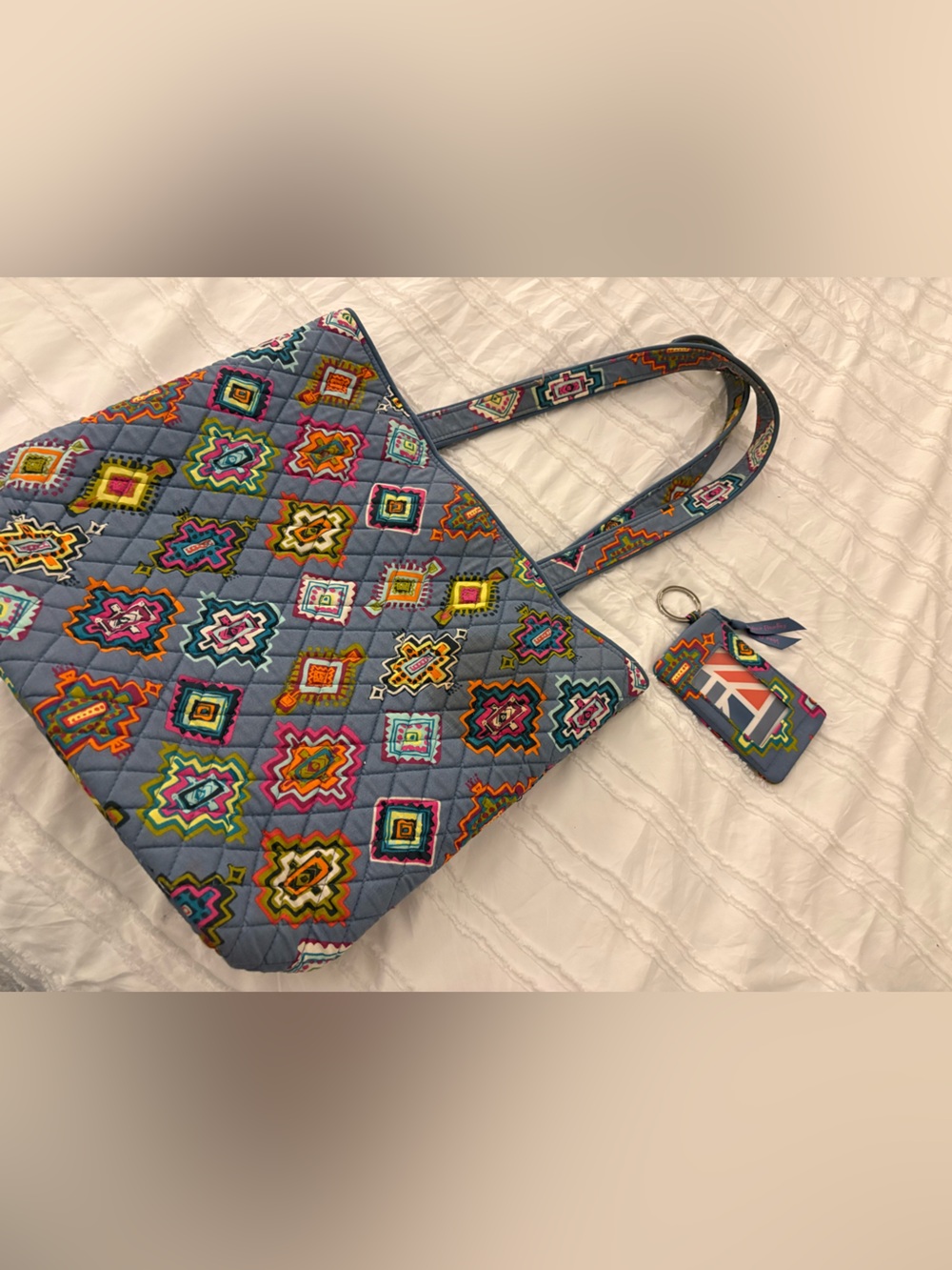 Vera Bradley Quilted Geo Embroidered Tote in Light Blue with Multicolor Accents
